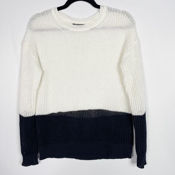 Vince Womens XSmall XS Cream Navy Blue Open Knit Colorblock Sweater Crew Neck - Picture 1 of 8